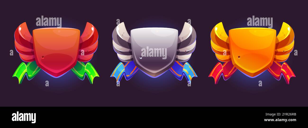 Scudi premio per il gioco con design araldico alato, nastri colorati e spazio vuoto. Modelli vuoti in bronzo, argento e oro per badge di successo, av Illustrazione Vettoriale