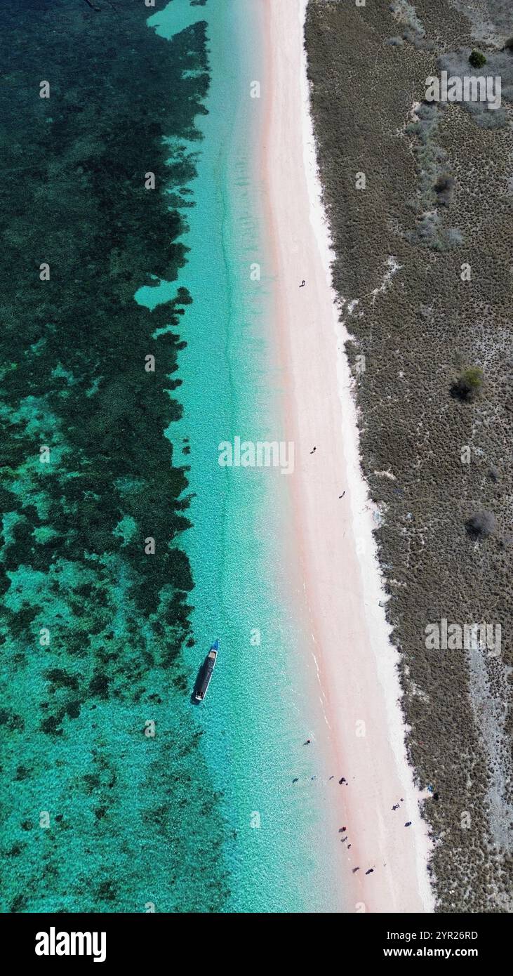 Vista aerea di Pink Beach con sabbia rosa, Komodo, Indonesia Foto Stock