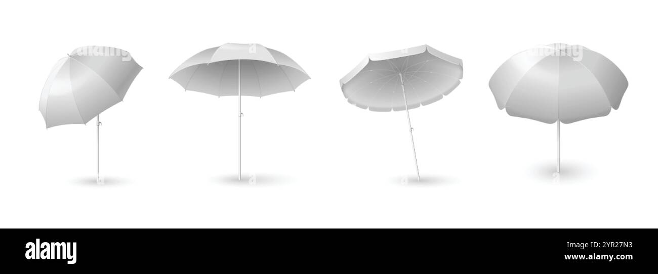Modello di ombrello bianco. Ombrellone da spiaggia all'aperto, modello vettoriale isolato. Modello tenda parasole per il branding. promozione 3d commercial event tawning. Hib Illustrazione Vettoriale