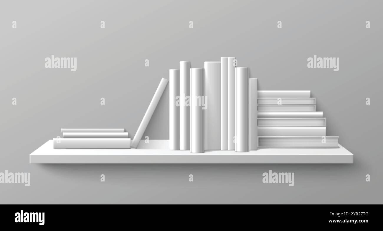 Libro bianco su scaffale nel mockup vettoriale della biblioteca. libreria 3d con elemento di copertura dorso per libri di testo per interni scolastici. Supporto da ufficio con pacco cartaceo pu Illustrazione Vettoriale