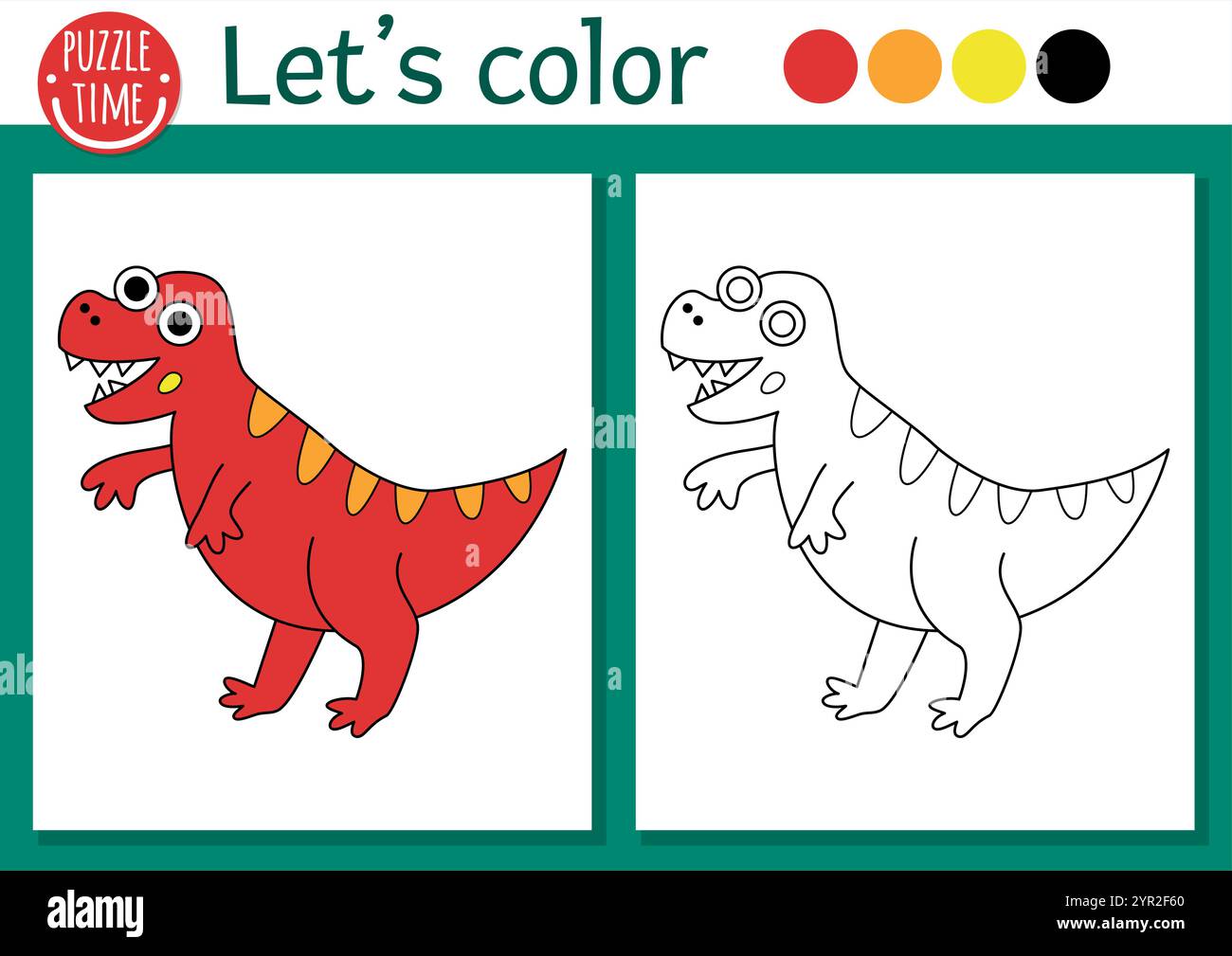 Pagina di colorazione dei dinosauri per bambini con tyrannosaurus. Illustrazione del profilo preistorico vettoriale. Semplice libro a colori per bambini con esempio colorato. Disegna Illustrazione Vettoriale