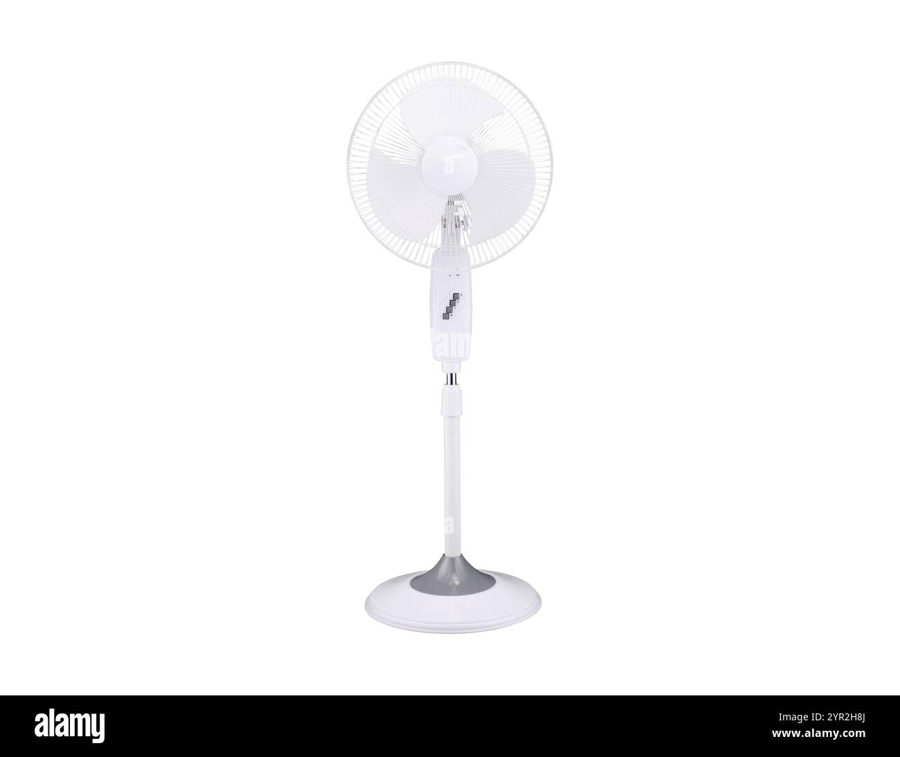 Ventola a piedistallo bianca isolata su sfondo bianco Foto Stock