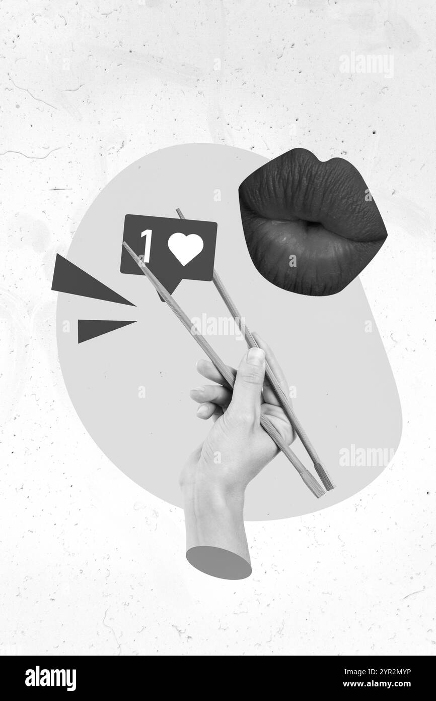 Foto collage fumetti fumetti disegno immagine del braccio che tiene bastoni cuore come segno alimentazione rosso pomata labbra isolato disegno sfondo Foto Stock