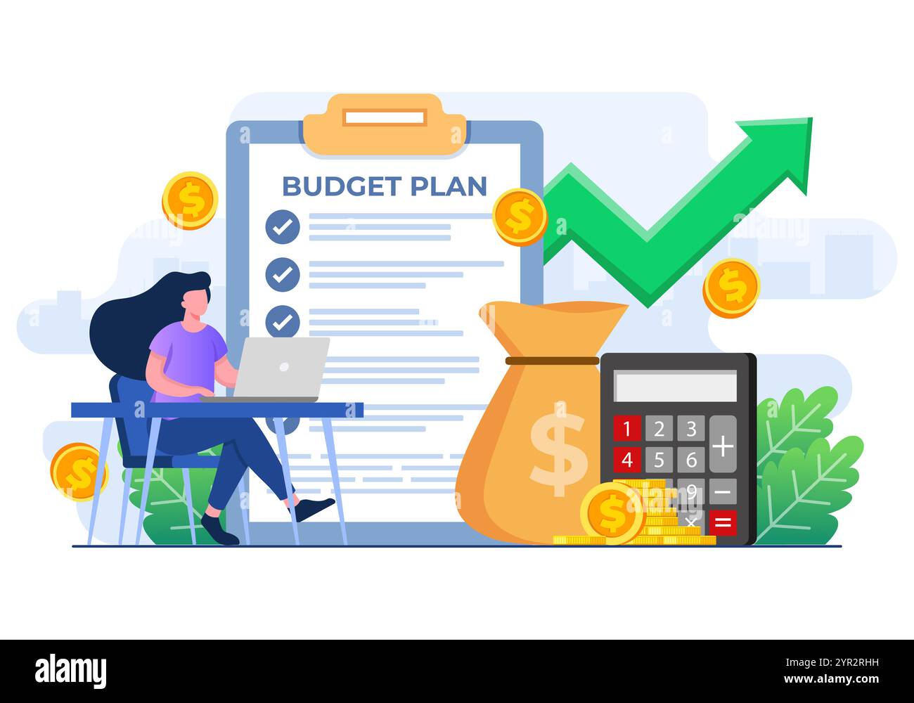 Contabile donna che pianifica il budget aziendale, report finanziario, gestione del budget, strategia, successo, marketing, contabilità, analisi finanziaria Illustrazione Vettoriale