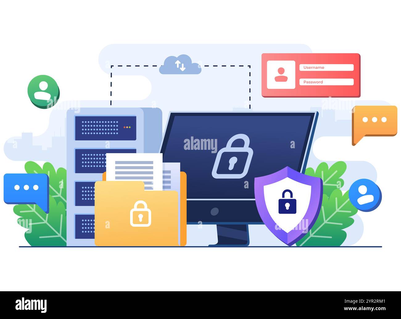 Sicurezza di database e dati personali, sicurezza informatica, informazioni sulla privacy banner a figura piatta per landing page, sito Web, app mobile Illustrazione Vettoriale