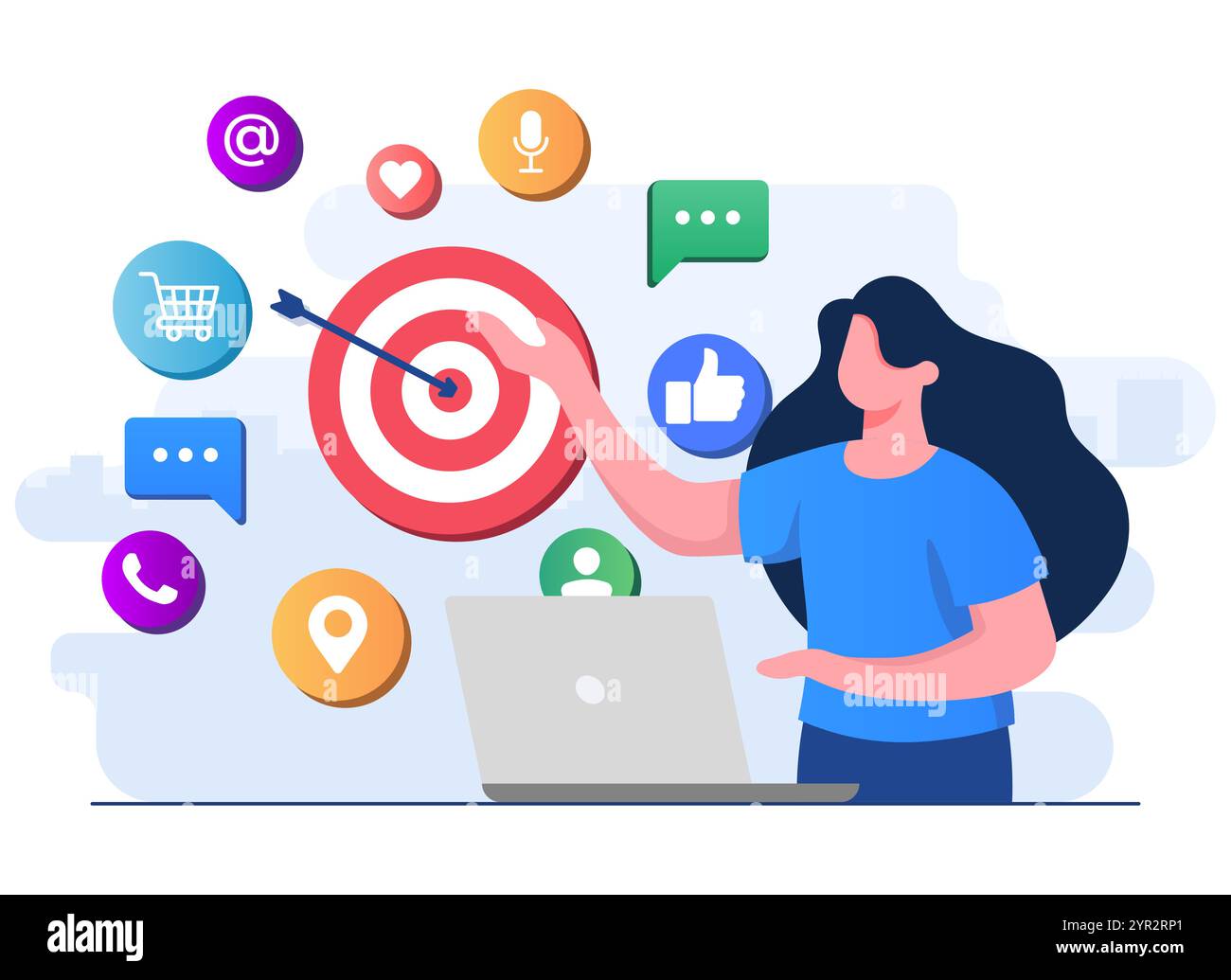 Social media marketing concetto vettoriale di illustrazione piatta, strategia di promozione e pubblicità online, marketing digitale, carattere femminile con marketing Illustrazione Vettoriale
