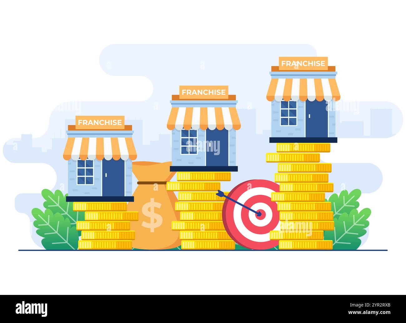 Concetto di illustrazione piatta del negozio in franchising, concetto di business, strategia di avvio, espansione, sviluppo, azienda Illustrazione Vettoriale