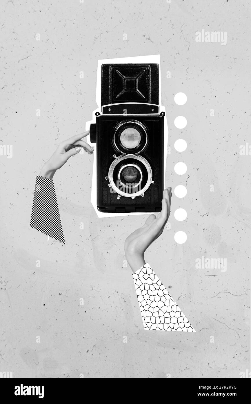 Collage foto di video fotocamera vintage gadget snapshot fare ripresa ripresa ripresa di nuove visite isolate su sfondo grigio Foto Stock