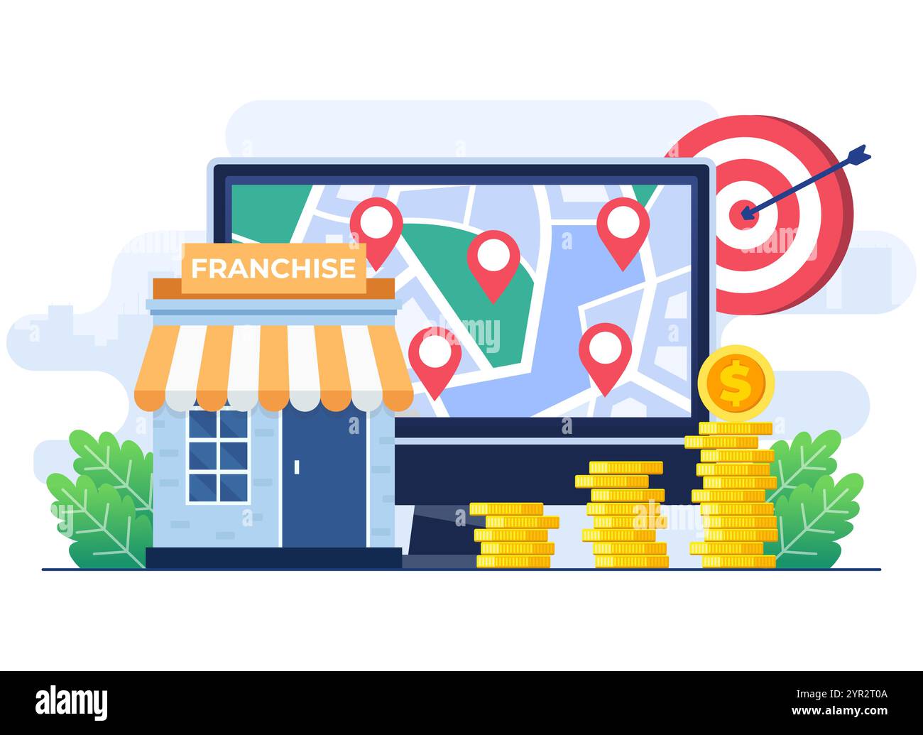 Concetto di illustrazione vettoriale piatta di espansione del ramo d'azienda in franchising, piccola impresa, azienda, negozio, rete di assistenza, punto vendita al dettaglio, adatto per Illustrazione Vettoriale