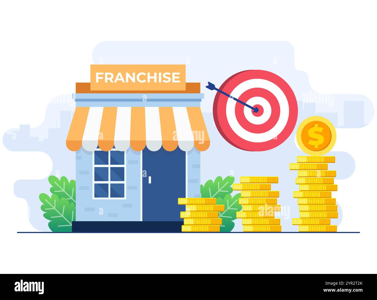 Concetto di illustrazione piatta del negozio in franchising, concetto di business, strategia di avvio, espansione, sviluppo, azienda Illustrazione Vettoriale