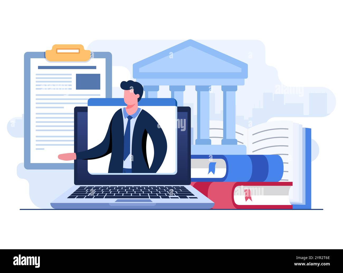Consulenza legale online illustrazione piatta, avvocato, assistenza legale in affari, consulenza legale, diritto e giustizia, concetto di consulenza remota per ui, WE Illustrazione Vettoriale