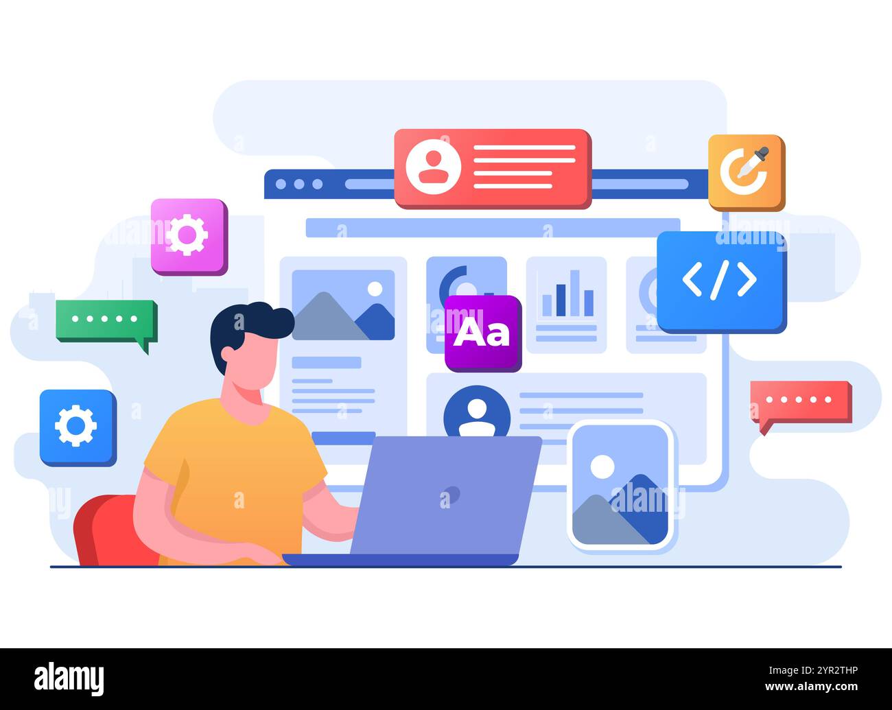 Sviluppatore build website interfaccia utente, Web design, UI UX, sviluppo software, Web design, progettazione di applicazioni, codifica, sviluppo Web Flat illustra Illustrazione Vettoriale