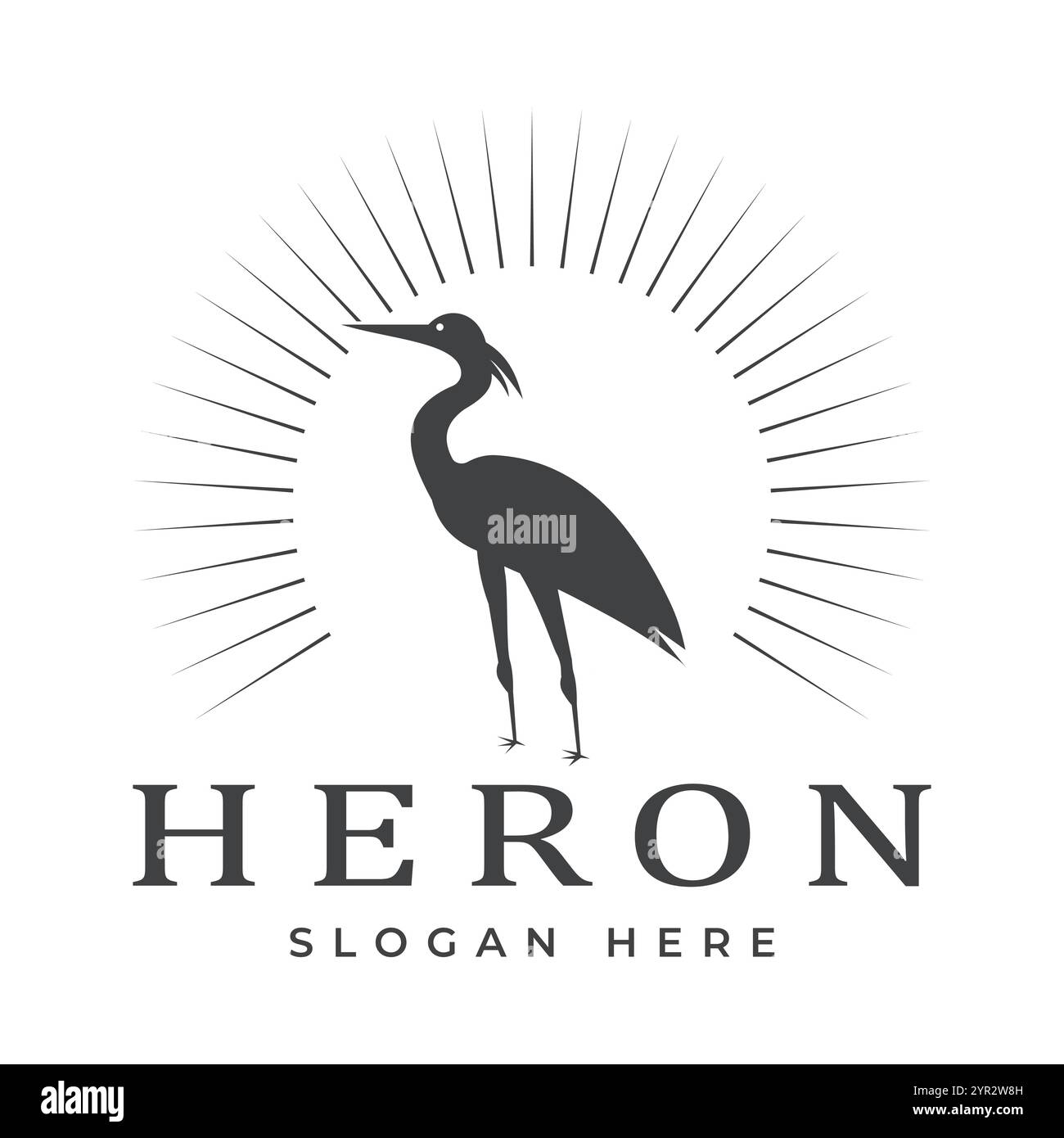 Crane Bird con Sun Rays in stile vintage. Design Pelican, Flamingo, Vector Emblem. Illustrazione del modello Illustrazione Vettoriale