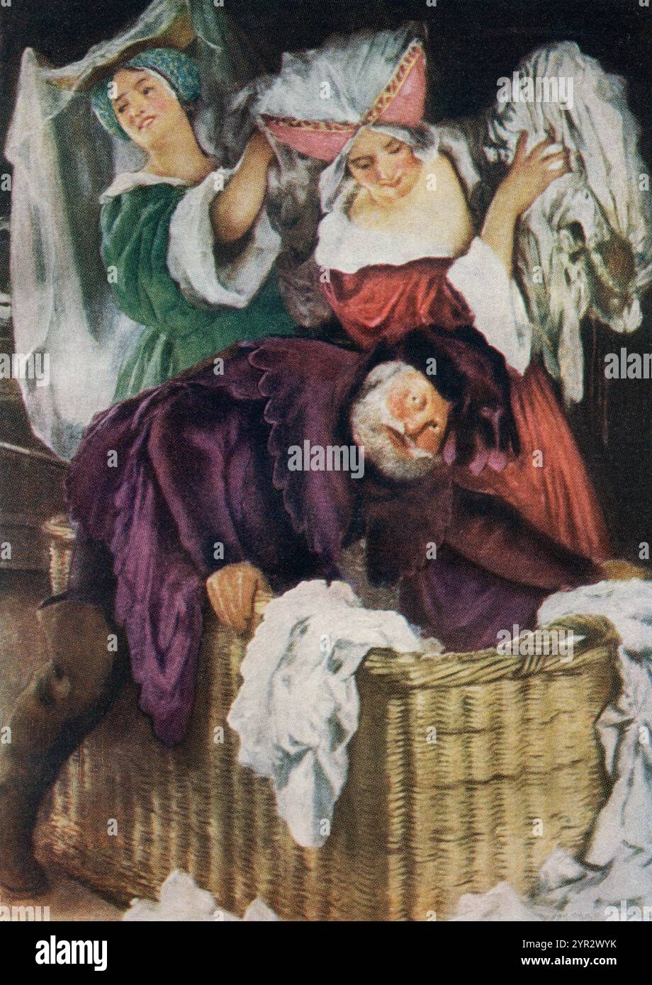 Illustrazione di W.H. Margetson (1861–1940) per la commedia di William Shakespeare The Merry Wives of Windsor. Falstaff, "ti amo: Aiutami: Lascia che mi insinuassi qui". Atto III. Scene III. From the Kingsway Shakespeare, pubblicato nel 1932 Foto Stock