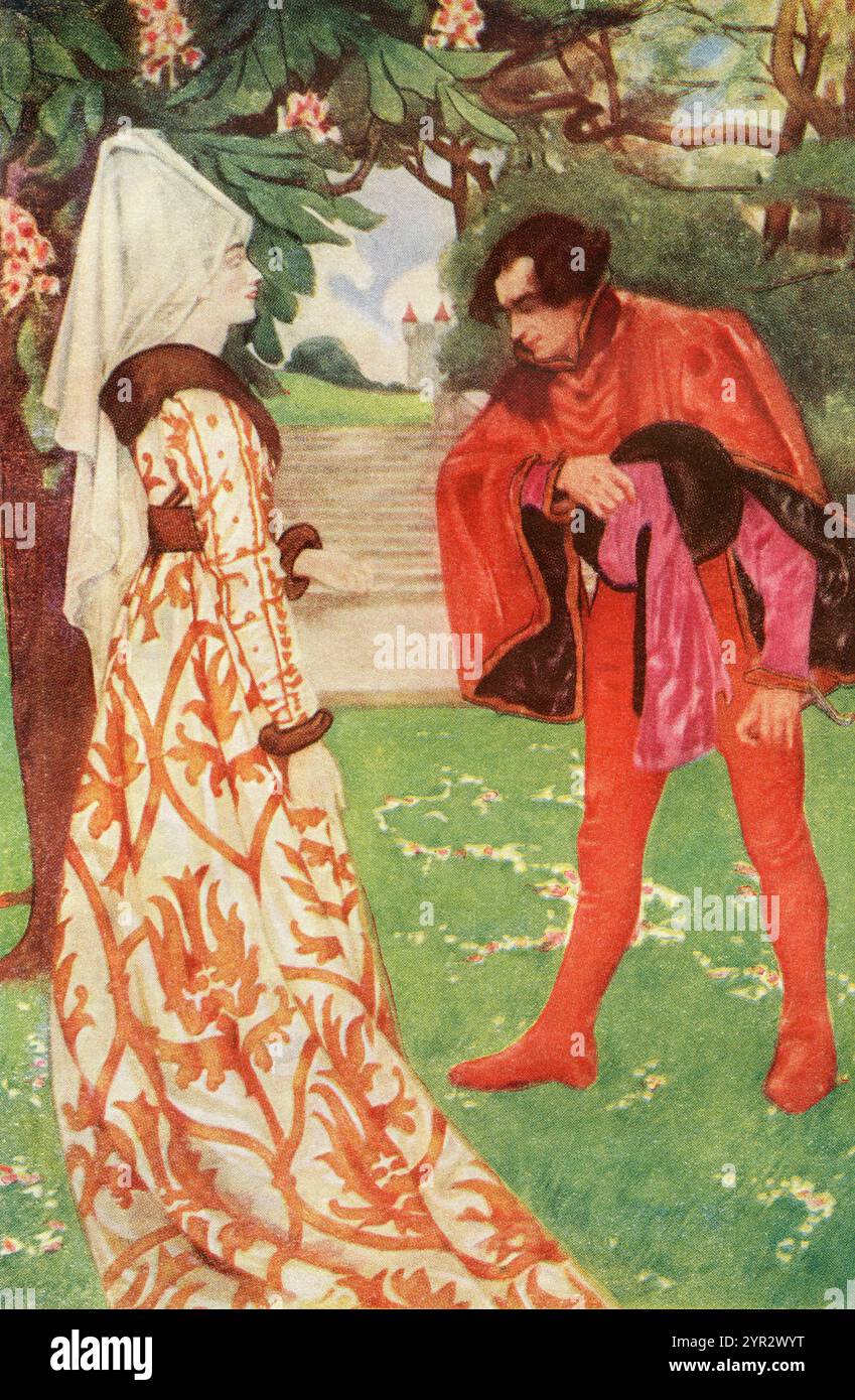 Illustrazione di Isobel Lilian Gloag (1865–1917) per la commedia di William Shakespeare Love's Labour's Lost. Berowne. "O! Io sono vostro e tutto quello che possiedo. Rosaline. "Tutta la mia stupida?". Atto V. scena II. Da The Kingsway Shakespeare, pubblicato nel 1932 Foto Stock