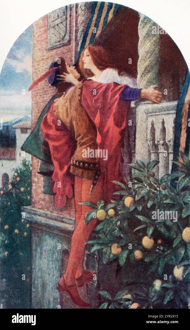 Illustrazione di Sir Frank Dicksee (1853 - 1928) per la commedia di William Shakespeare Romeo e Giulietta. Romeo. 'Addio, addio! Un bacio e scenderò. Atto III. Scene V. from the Kingsway Shakespeare, pubblicato nel 1932 Foto Stock