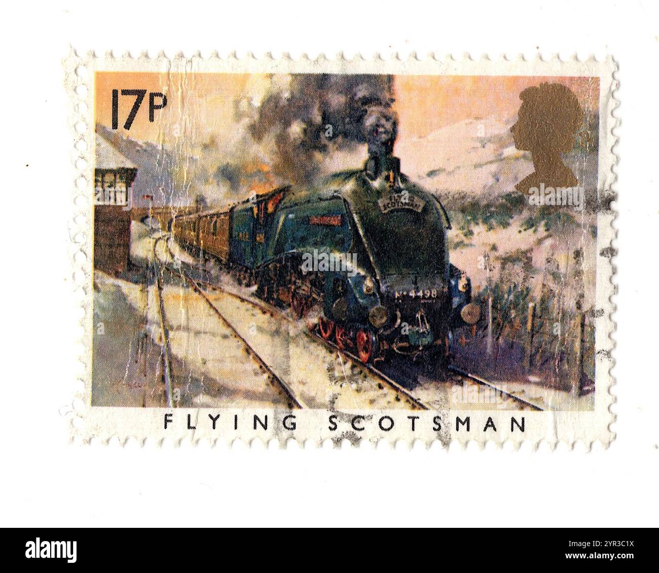 Un famoso francobollo dei treni d'epoca dalla Gran Bretagna con il Flying Scotsman. Foto Stock