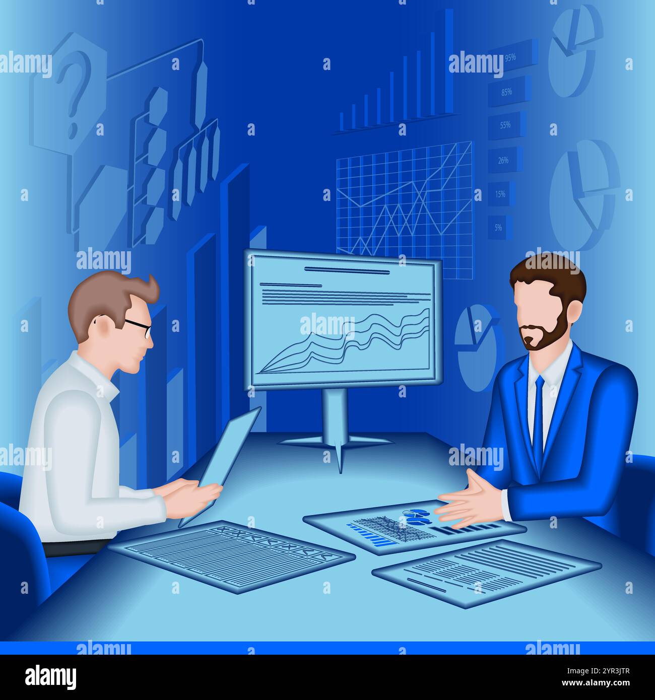 Condurre colloqui con le parti interessate per identificare e comprendere i problemi del processo decisionale. Illustrazione vettoriale 2D. Illustrazione Vettoriale