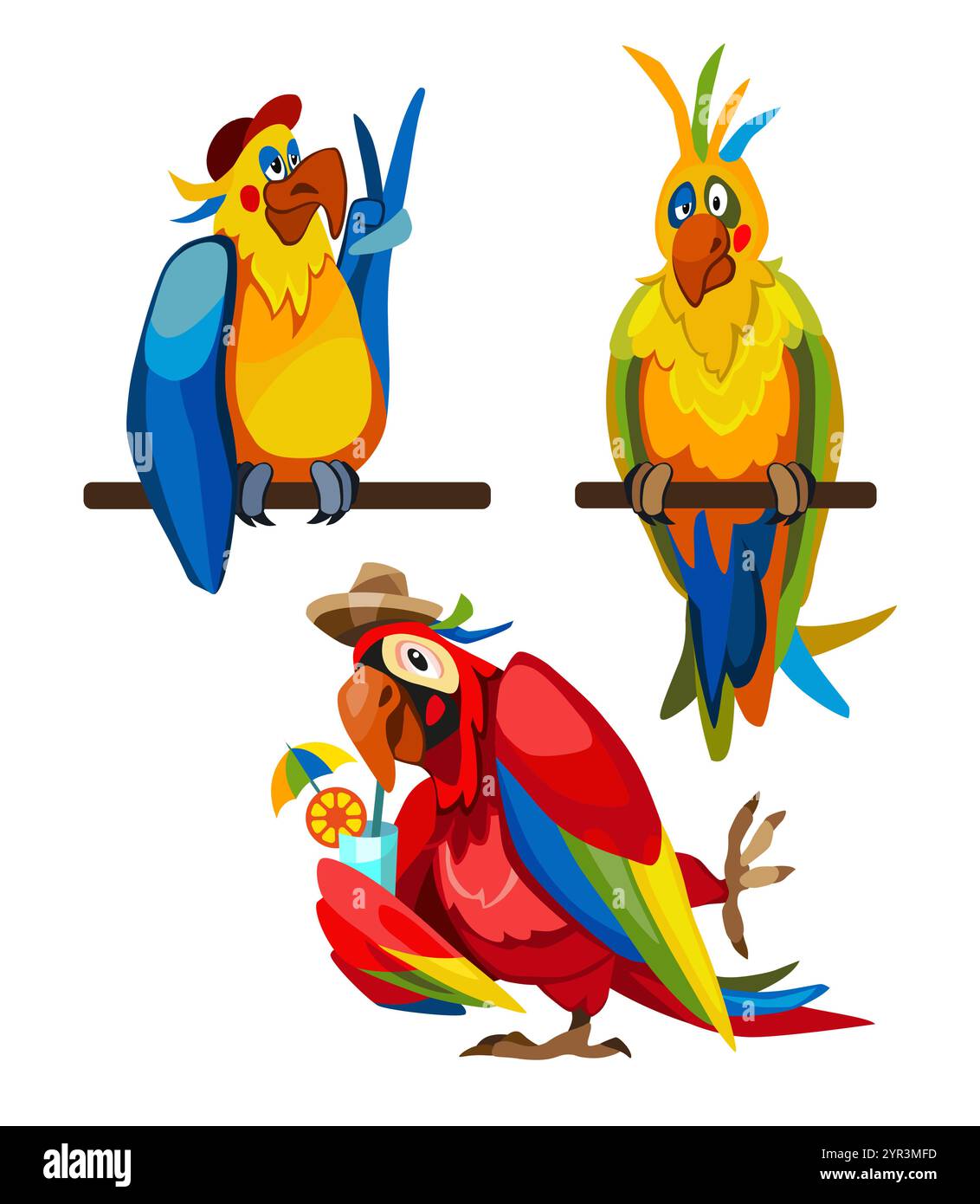 Una serie di quattro disegni di pappagalli con un cartello. I pappagalli sono di dimensioni diverse e tengono il cartello in posizioni diverse Illustrazione Vettoriale