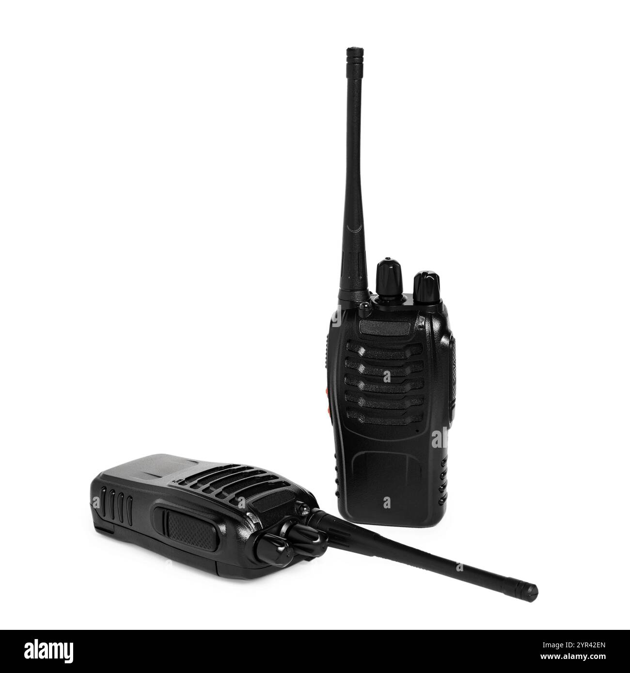 Due walkie talkie neri isolati sul bianco Foto Stock