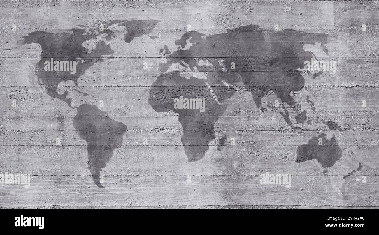 Mappa del mondo grigio scuro dipinta su una parete di cemento grigio chiaro, la mappa è intemprata e graffiata. Sfondo a trama full-frame in bianco e nero. Foto Stock