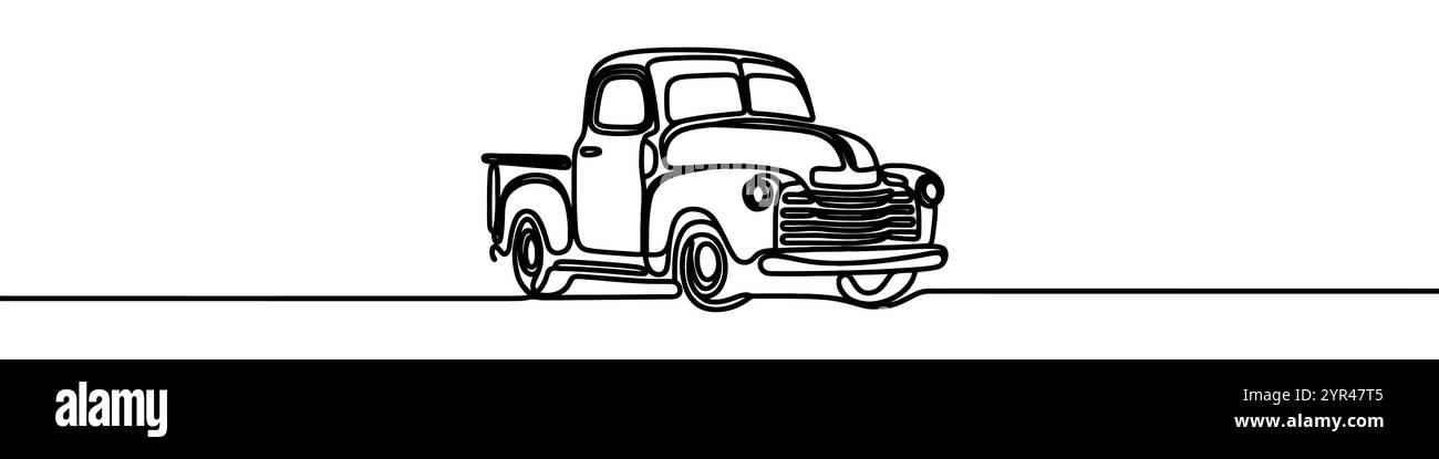 Una linea continua raffigurante un pick-up retro isolato su sfondo bianco. La line art di un pick-up retrò. Illustrazione Vettoriale