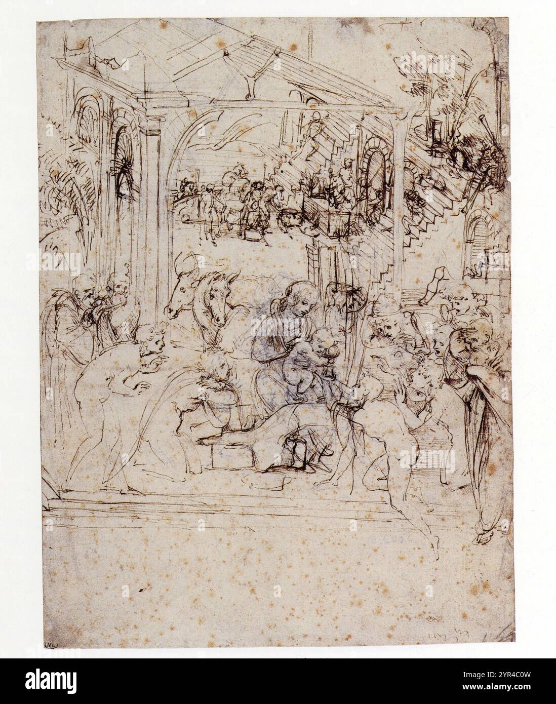 LEONARDO DA VINCI.1452-1519.ADORAZIONE DEI MAGI Foto Stock