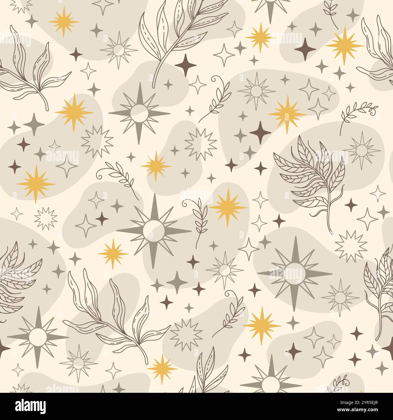 Sfondo celeste senza cuciture con stelle e foglie magiche. Motivo astrologico beige senza cuciture per tarocchi, ornamento boho per zodiaco, design, tessuto, p Illustrazione Vettoriale