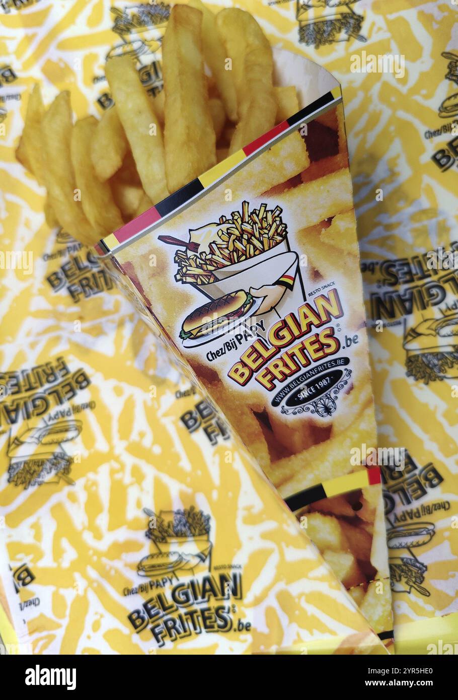 Patatine belghe in un cono, French Frites, Bruxelles, Belgio, Europa Foto Stock