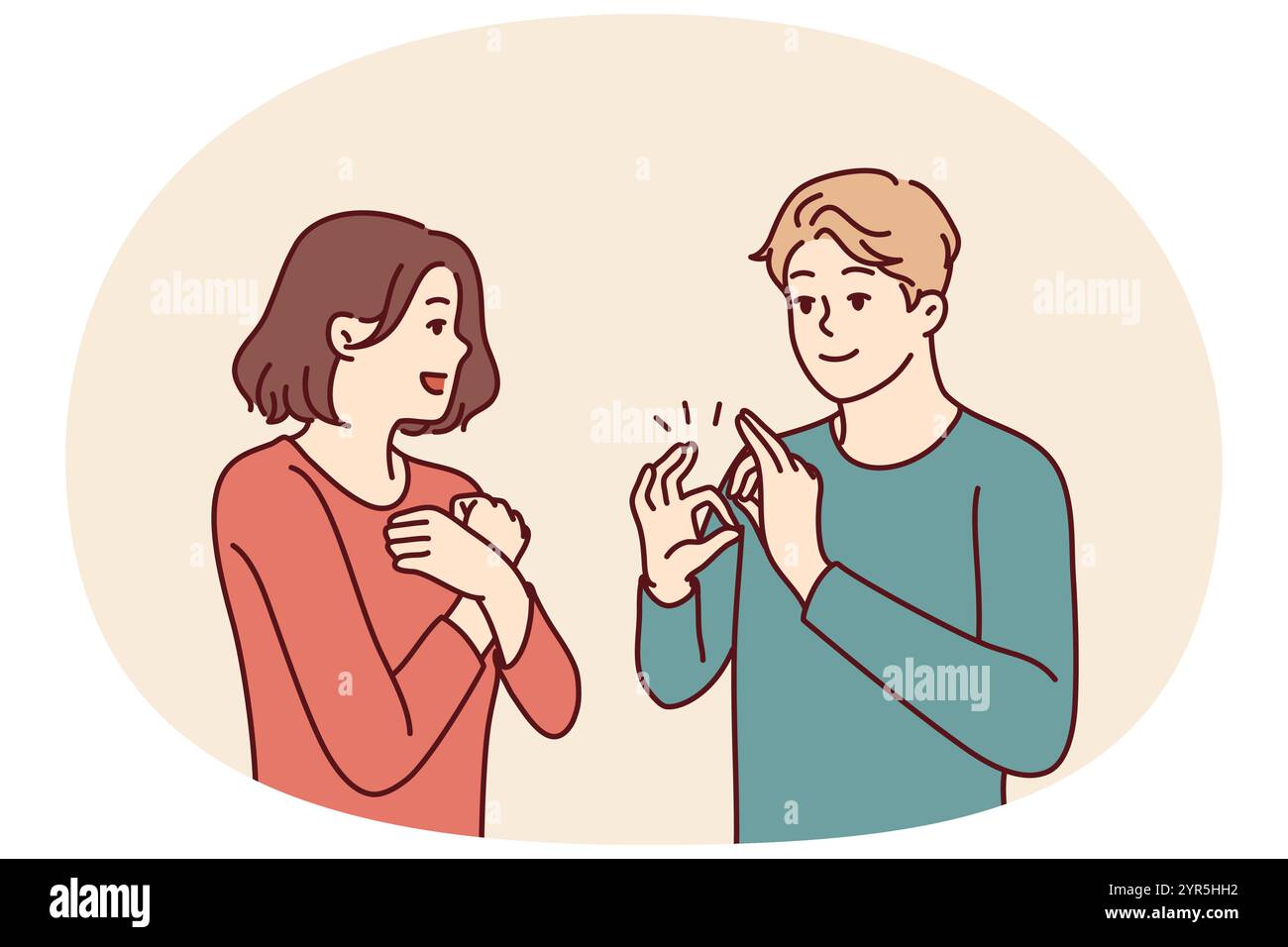 L'uomo e la donna sordomuti parlano usando il linguaggio dei segni e mostrano simboli con le mani. Guy insegna il linguaggio dei segni della ragazza per il concetto di inclusività e socializzazione delle persone con disabilità Illustrazione Vettoriale