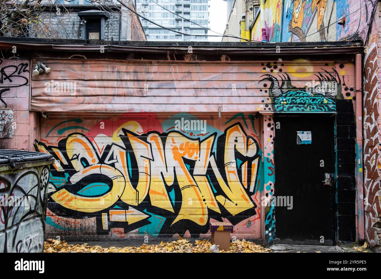 Graffiti apposti sulla porta di un garage in Renfrew Place nel centro di Toronto, Ontario, Canada Foto Stock