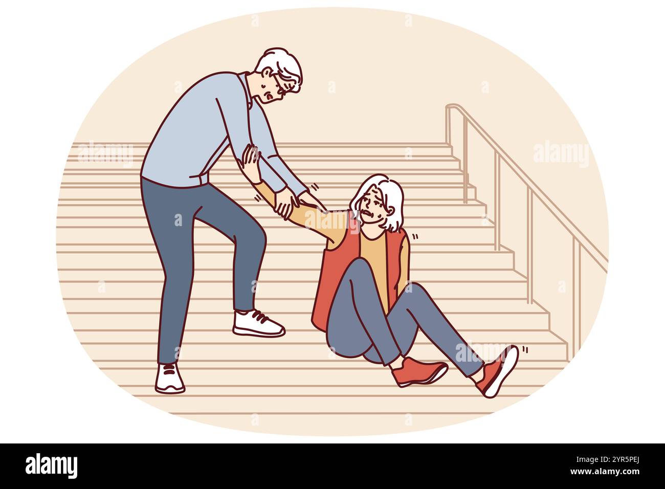 L'uomo anziano aiuta la donna anziana caduta in su mentre scendono le scale della strada. Nonno premuroso dai capelli grigi fornisce il primo soccorso alla nonna che è caduta a piedi e scendendo le scale Illustrazione Vettoriale