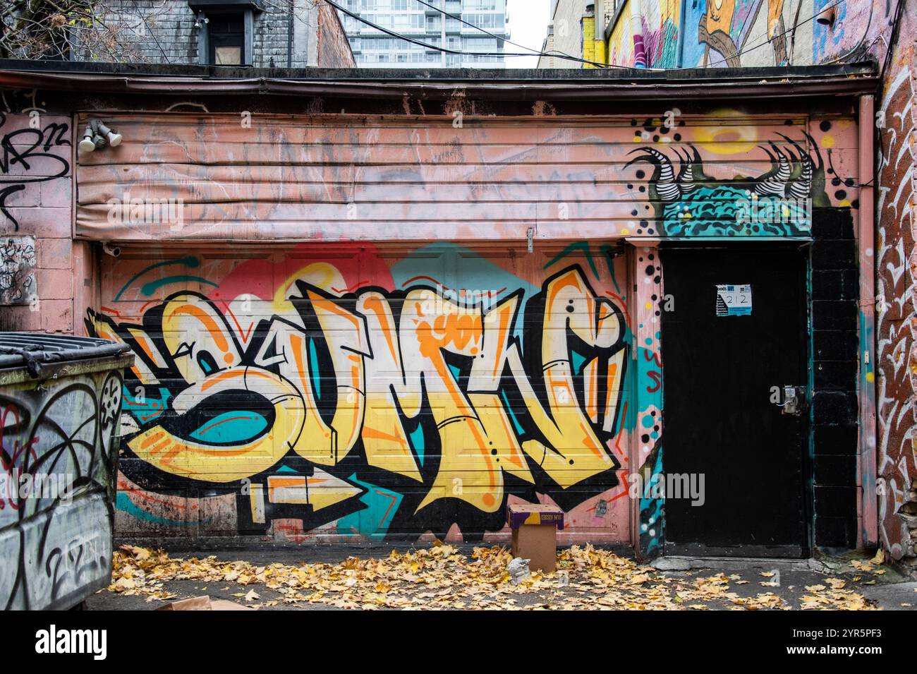 Graffiti apposti sulla porta di un garage in Renfrew Place nel centro di Toronto, Ontario, Canada Foto Stock