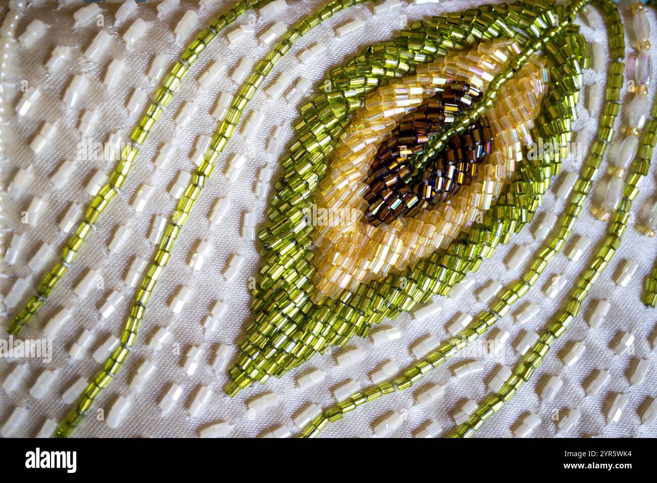 Primo piano di ricami con perline colorate in Feather Design Foto Stock