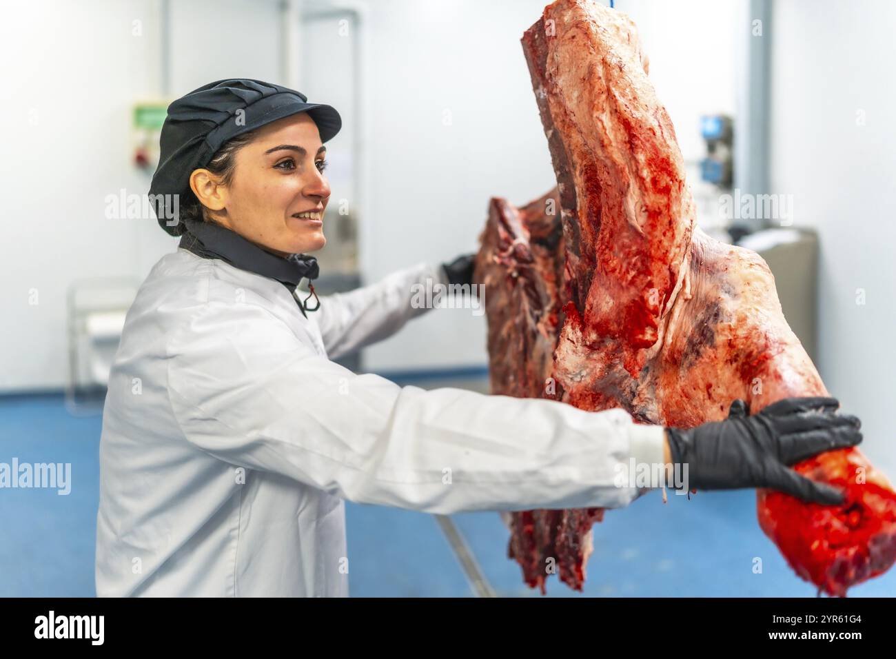 Macelleria femminile che trasporta i pezzi di bestiame tagliati appesi in una fabbrica di carne Foto Stock