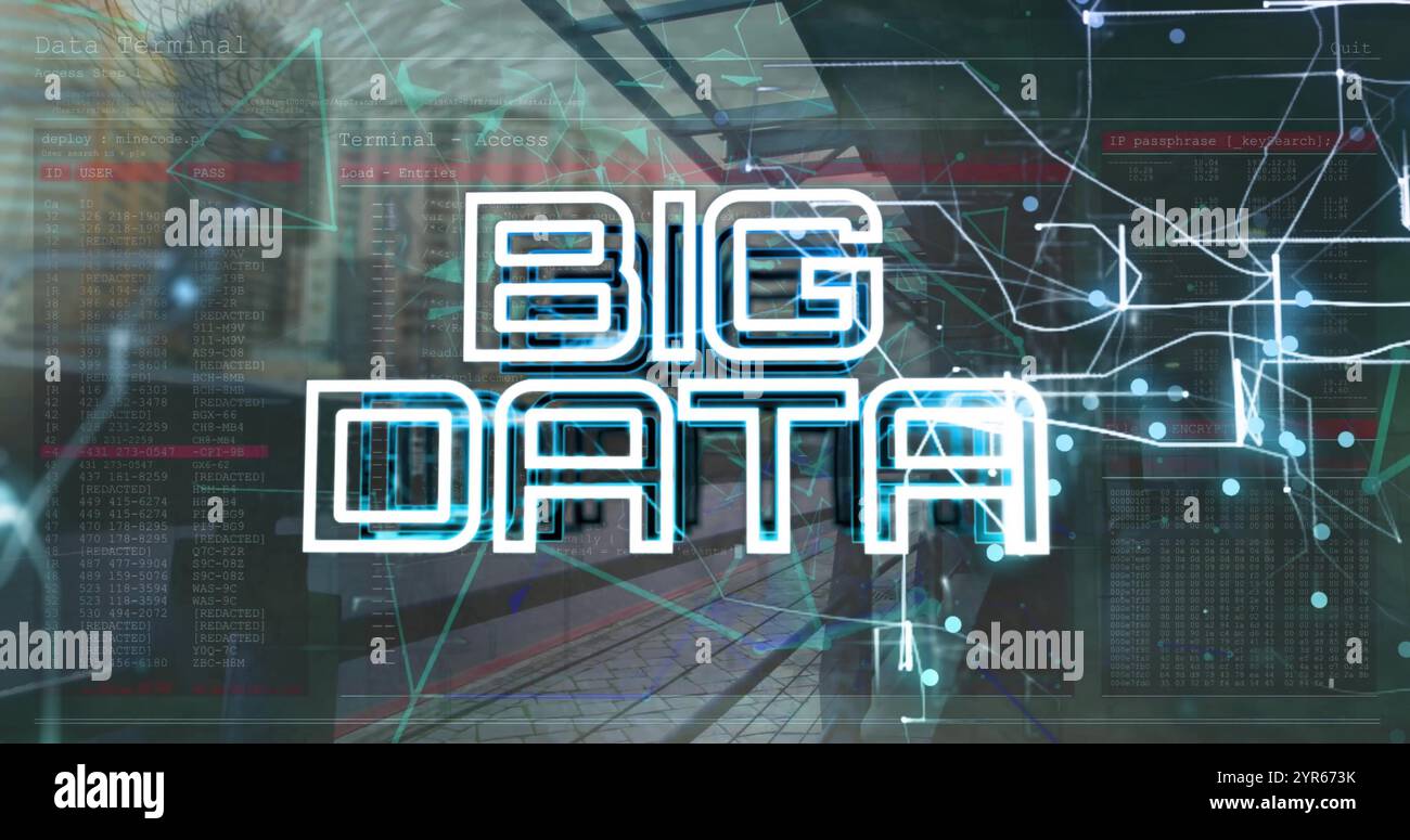 Immagine del testo dei big data sulla rete e dell'elaborazione dei dati nel paesaggio urbano Foto Stock