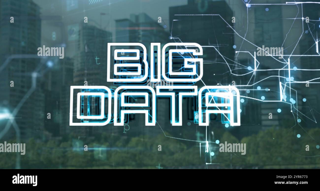 Immagine del testo dei big data sulla rete e dell'elaborazione dei dati nel paesaggio urbano Foto Stock