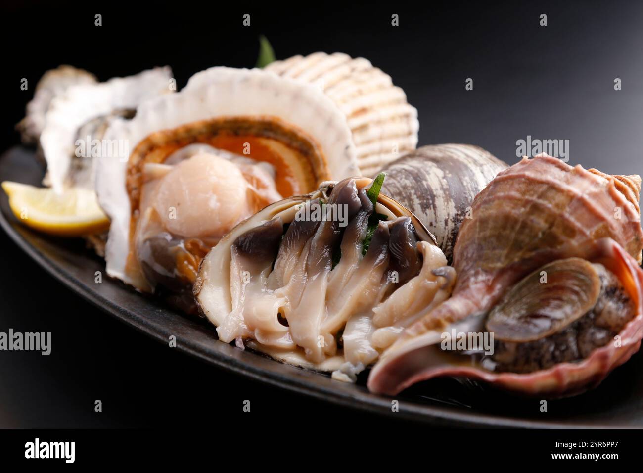 Tre tipi assortiti di sashimi: Capesante, cuccioli e vongole Sakhalin Foto Stock
