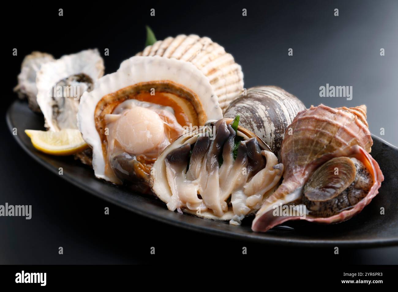 Tre tipi assortiti di sashimi: Capesante, cuccioli e vongole Sakhalin Foto Stock