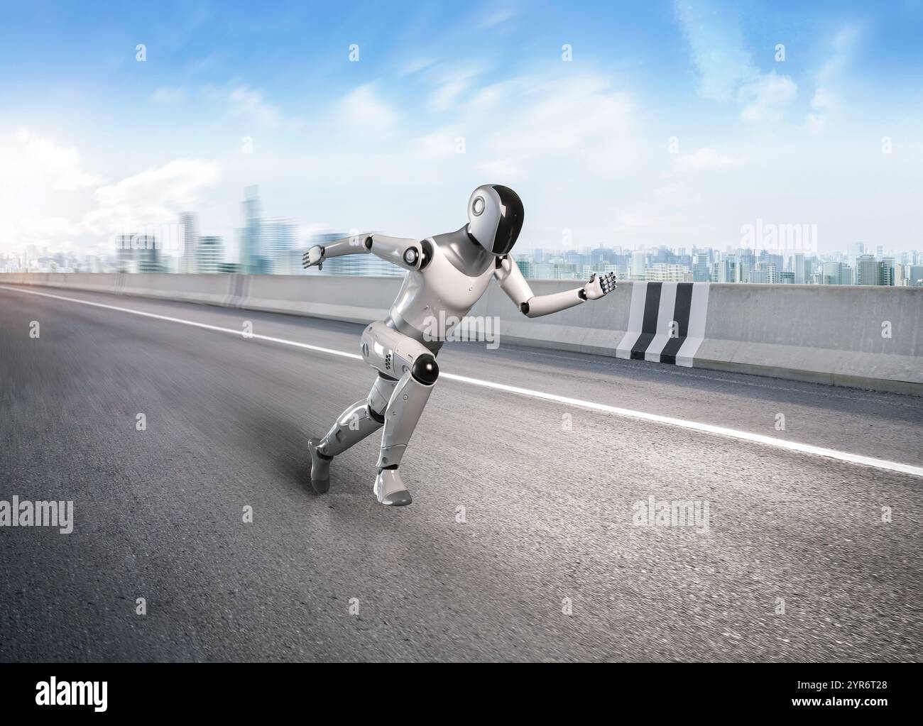 Robot di intelligenza artificiale per città intelligenti con robot di rendering 3d assistente per correre o andare avanti in città Foto Stock