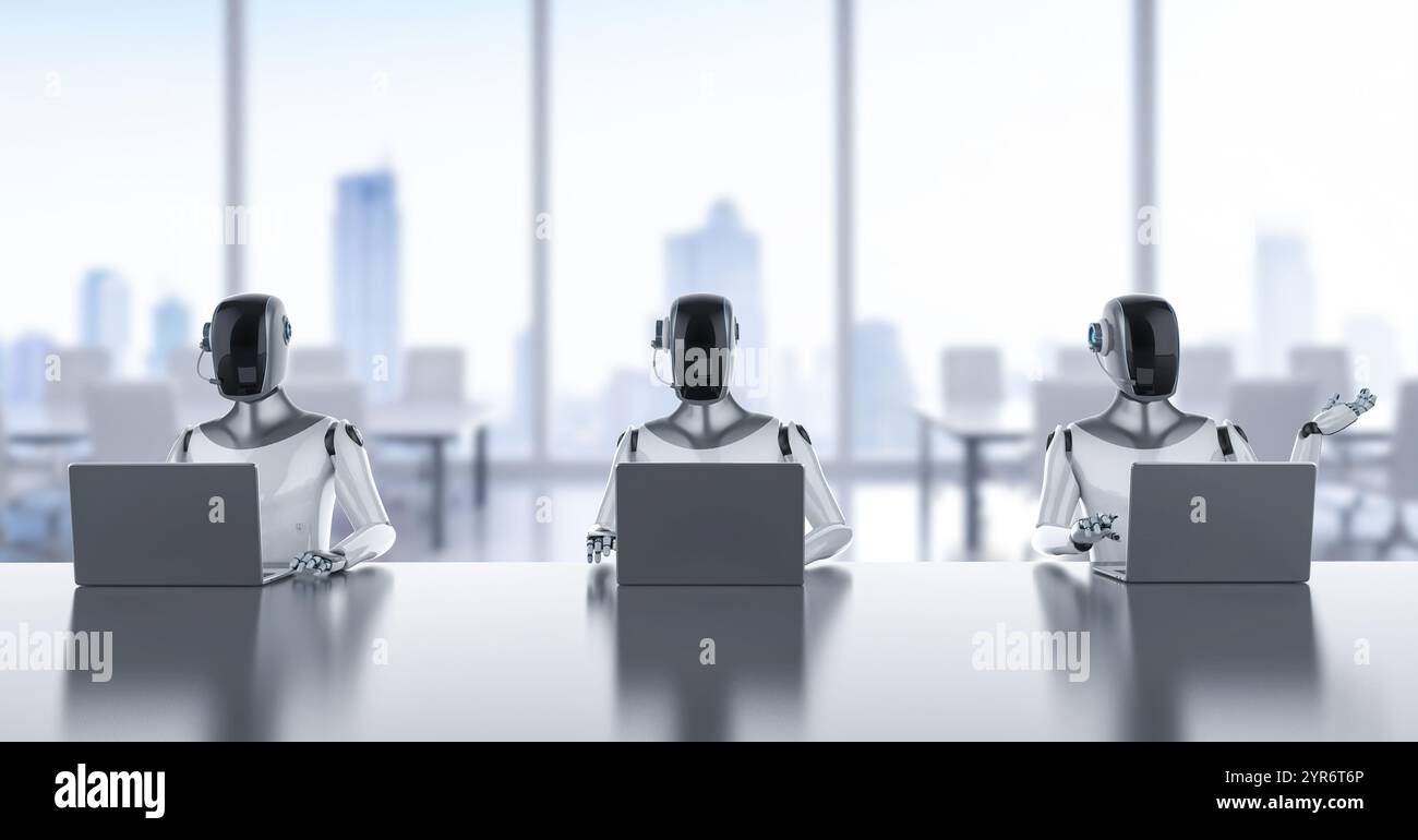 Concetto di lavoratore automatizzato con assistente di rendering 3d che lavora in un ufficio intelligente Foto Stock