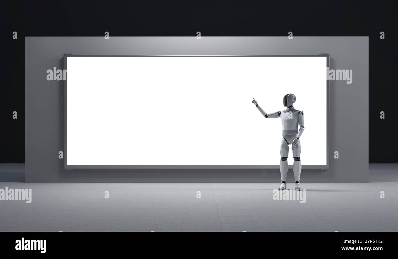 robot umanoide con rendering 3d o ai cyborg con punto del dito nero su un tabellone pubblicitario bianco a led Foto Stock