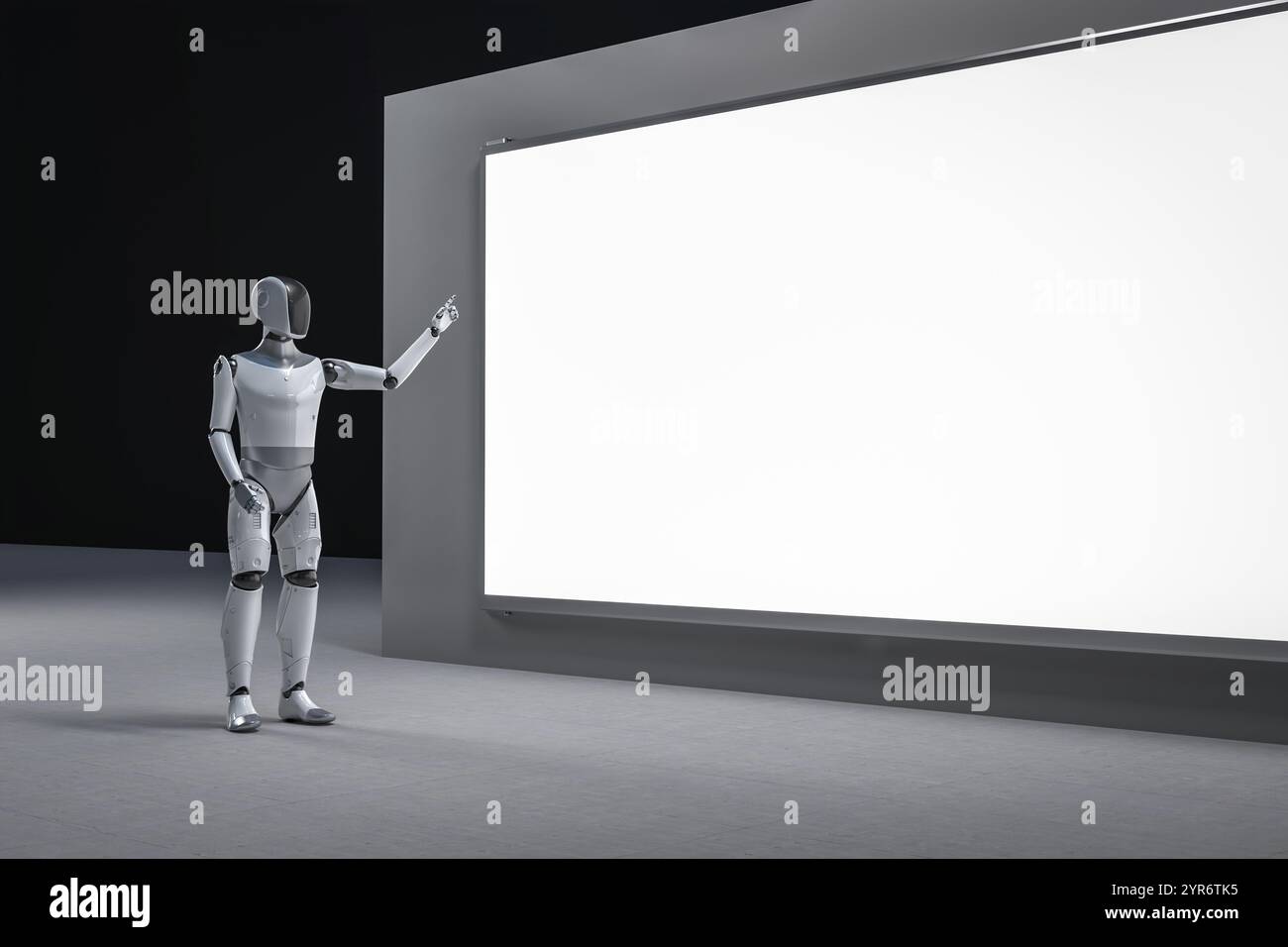 robot umanoide con rendering 3d o ai cyborg con punto del dito nero su un tabellone pubblicitario bianco a led Foto Stock