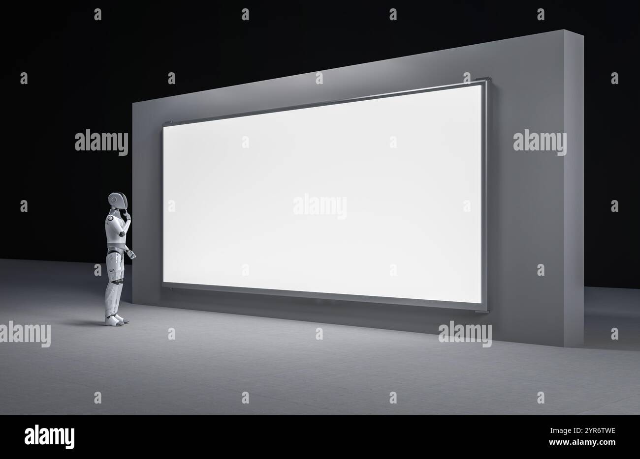 robot umanoide con rendering 3d o ai cyborg con lavagna pubblicitaria bianca a led Foto Stock