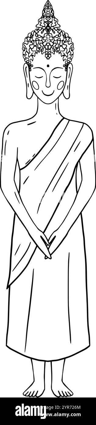 Un'illustrazione dettagliata di un Buddha sereno in abbigliamento tradizionale, che evoca tranquillità e tranquillità. Grafica vettoriale in bianco e nero disegnata a mano in line art per materiali stampati, interni e altro ancora. Illustrazione Vettoriale