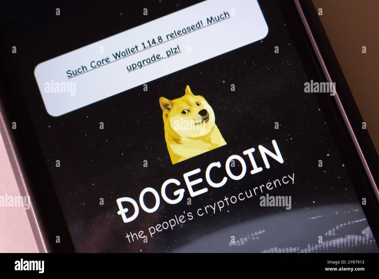 Il sito Web Dogecoin viene visualizzato sullo schermo di un iPhone. Dogecoin è una criptovaluta basata su meme con lo Shiba Inu dal meme "Doge". Foto Stock