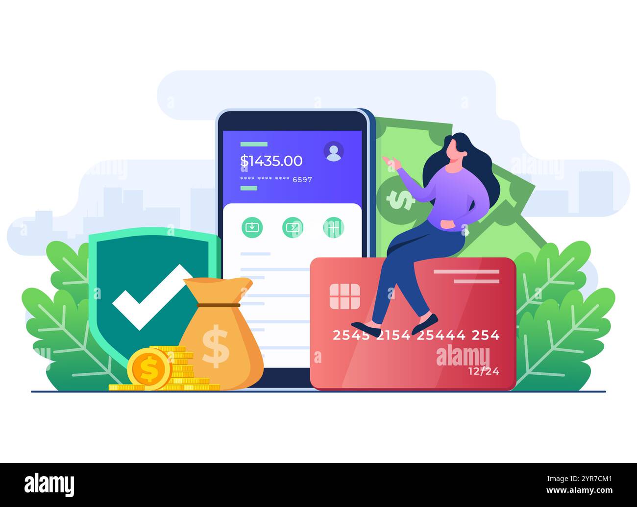 Illustrazione piatta del portafoglio online, accesso al conto bancario tramite smartphone, transazione sicura, concetto di Digital banking, denaro Internet, risparmi e fi Illustrazione Vettoriale