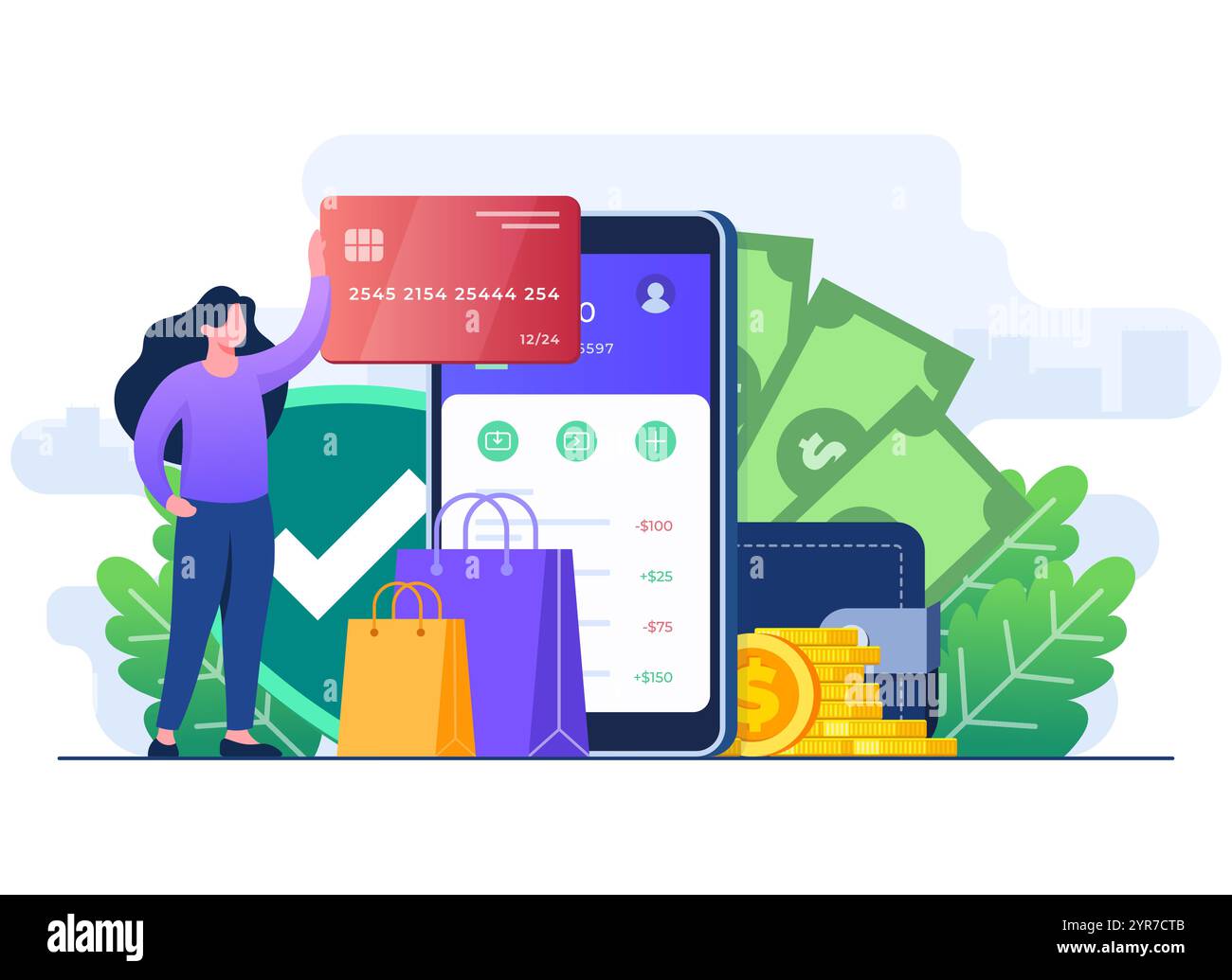 Concetto di illustrazione piatta per l'online banking, archiviazione virtuale e trasferimento di fondi, applicazione bancaria, pagamento sicuro, Mobile banking, portafoglio elettronico, digita Illustrazione Vettoriale