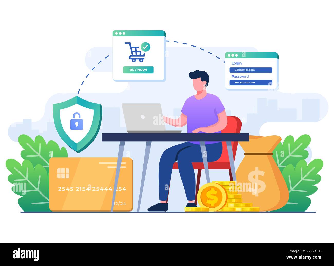Concetto di transazione di pagamento sicuro modello vettoriale a illustrazione piatta, gateway di pagamento online, acquisti online, metodo di trasferimento di denaro digitale sicuro Illustrazione Vettoriale