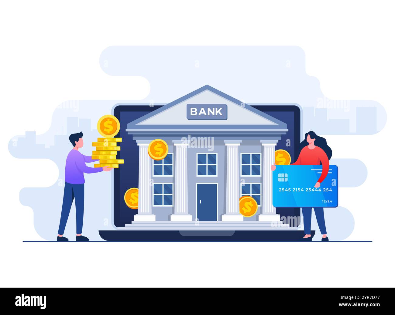 Modello illustrativo vettoriale piatto del concetto bancario online, investimenti bancari, depositi, prestiti, borse, protezione del denaro, risparmio e finanza, e-wal Illustrazione Vettoriale